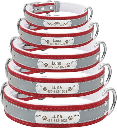 Персоналізоване світловідбиваюче нашийник та поводок для собак Senristar з гравіюванням, для малих, середніх та великих собак та котів (XL, ширина 3,0 см, обхват шиї 45-55 см), червоний комплект