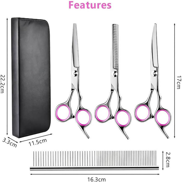 Набір професійних ножиць для грумінгу собак та котів, 5 шт. з нержавіючої сталі: ножиці для підстригання, ножиці для витончення, ножиці з вигнутим лезом, ножиці для стрижки лап, гребінець для грумінгу