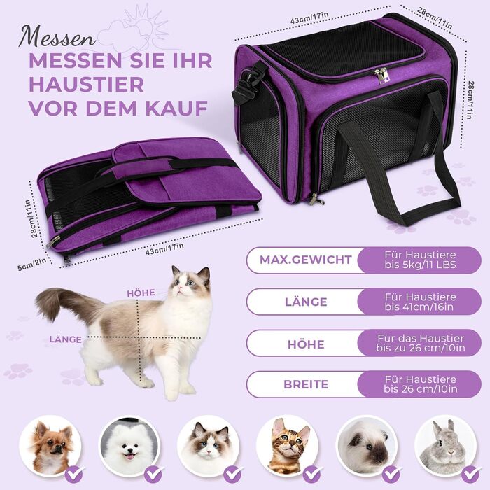 Транспортна сумка для кота та собаки, переноска для собак, складана переноска для котів, портативна переноска для тварин, 5 кг, для середніх собак та котів (Зелений, фіолетовий)