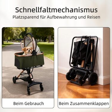 Візок для собак 3 в 1, складний, для маленьких собак та котів, знімний кошик, візок-кіндервоген, сітка, оксфордська тканина, до 20 кг (темно-зелений)