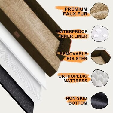 Ортопедичне собаче ліжко великих порід, XL, коричневе. Знімна подушка для шиї, водонепроникний чохол, антиковзаюча підкладка.