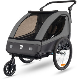 Дитячий велосипедний причіп Tiggo VS 2в1 з амортизацією та поворотним з'єднанням 360° - для 1-2 дітей (до 40 кг), темно-сірий