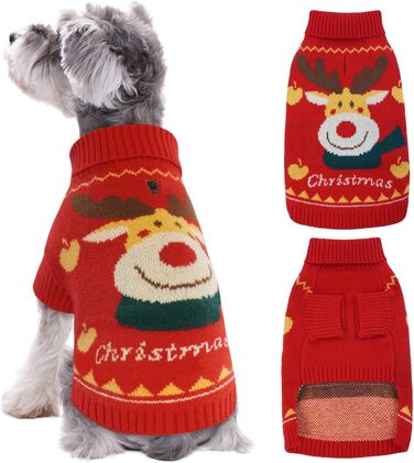 Теплий в'язаний пуловер для собак Kuoser на Новий рік, м'який зимовий одяг для собак, святковий пуловер з оленем для собак середніх та великих порід, зелений (XL, червоний)