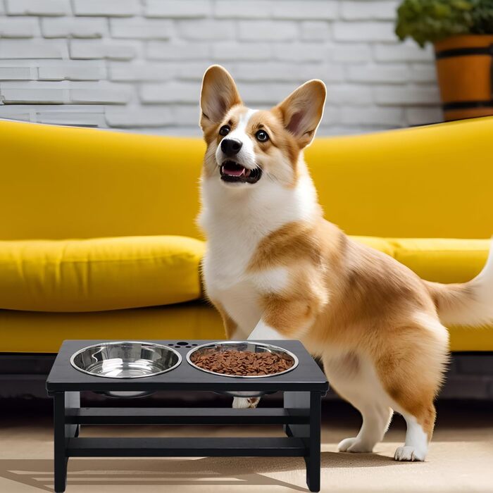 Підвищені годівниці для собак HTB, бамбук, з 2 мисками з нержавіючої сталі, 44x24x18 см, 18 см висота, чорний колір