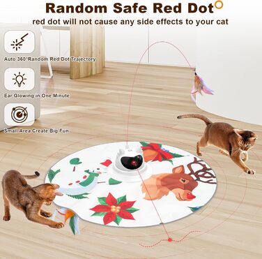 Інтерактивна іграшка для котів 3-в-1 Spessn: хованки, пір'я, лазерний вказівник. Перезаряджувана, для котів будь-якого віку. Біло-червоний дизайн (новорічний стиль)