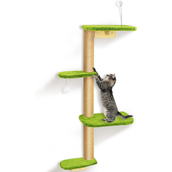 Кліматична стіна для котів Kratzbaum 125 см: 4 яруси, натуральне дерево, міцний фетр, зелений колір