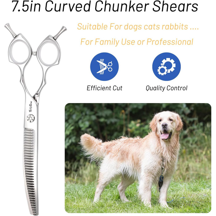 Професійна вигнута ножиця для грумінгу домашніх тварин 7.5 дюймів (25 градусів) з 35 зубцями, коефіцієнт розрідження 65%, високоякісна грумерська ножиця