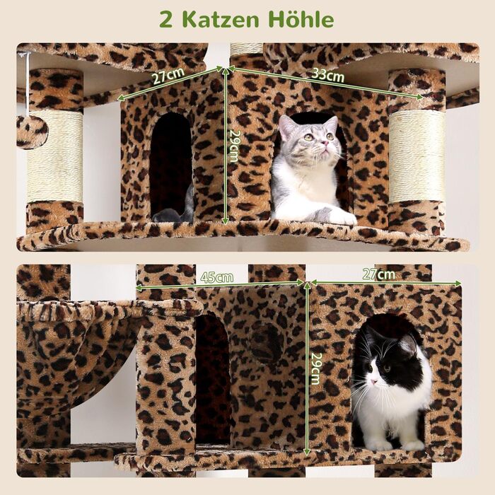 Драбина для котів Globlazer XXL, 209 см: 3 стійкі лежанки, 2 будиночки, 2 кошики, велика платформа, іграшки, стабільна для 3-5 котів. Leoparden