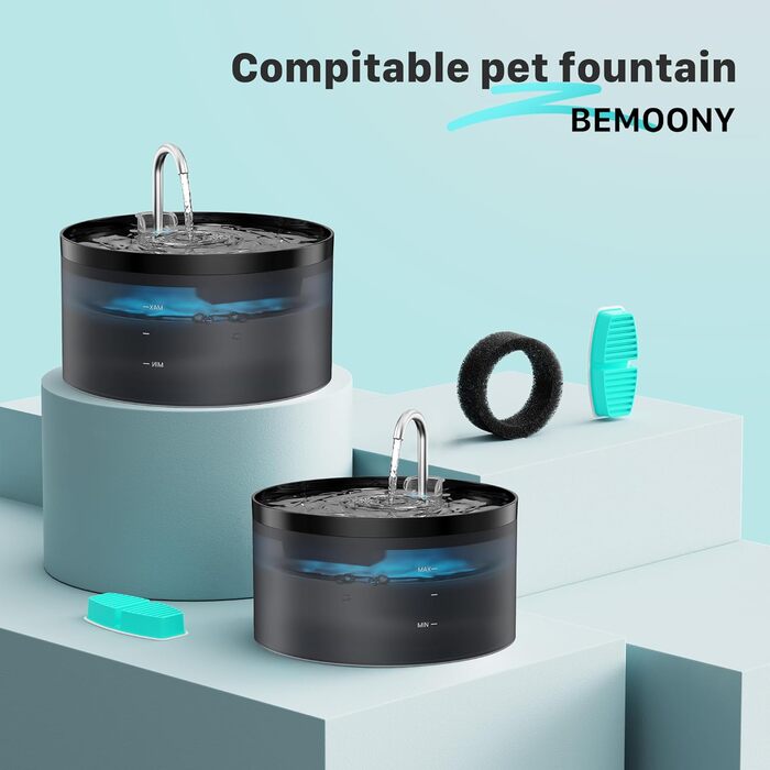 BEMOONY фільтри для котячого фонтану, 8 вугільних та 8 губчастих, багаторівнева фільтрація для поїлки 3.2 л, очищення шерсті, пом'якшення води