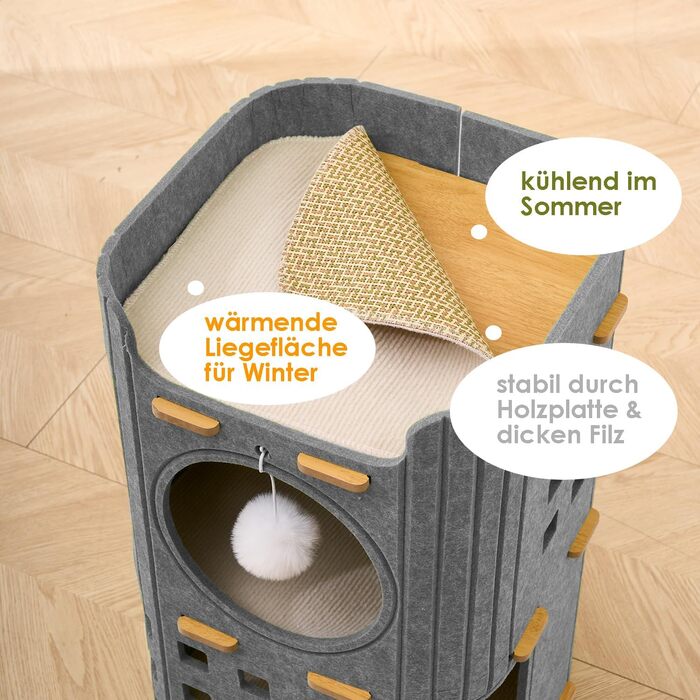 Сучасний котячий комплекс з 4 ярусами та 3 будиночками для котів, сірий. Міцний, з фетру, з іграшкою, 90 см.