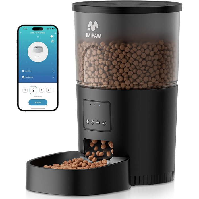 Автомат годівлі для котів та собак IMIPAW з Wi-Fi, 3L, чорний | Програмований диспенсер корму з APP-керуванням, 5G/2.4G, 1-10 прийомів на день
