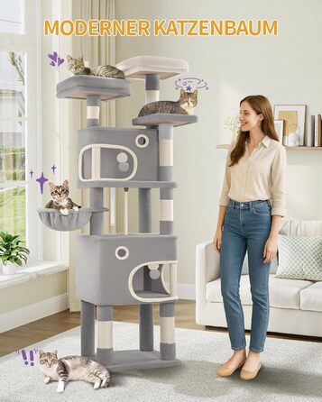 Кігтеточка для котів Hzuaneri, 159 см, з 8 стовпчиками, 3 платформами, 2 ховалами, корзиною, плюшевими кульками, мотузкою з сизалю, підходить для котів різних розмірів, MS15918LG (XL, світло-сірий)