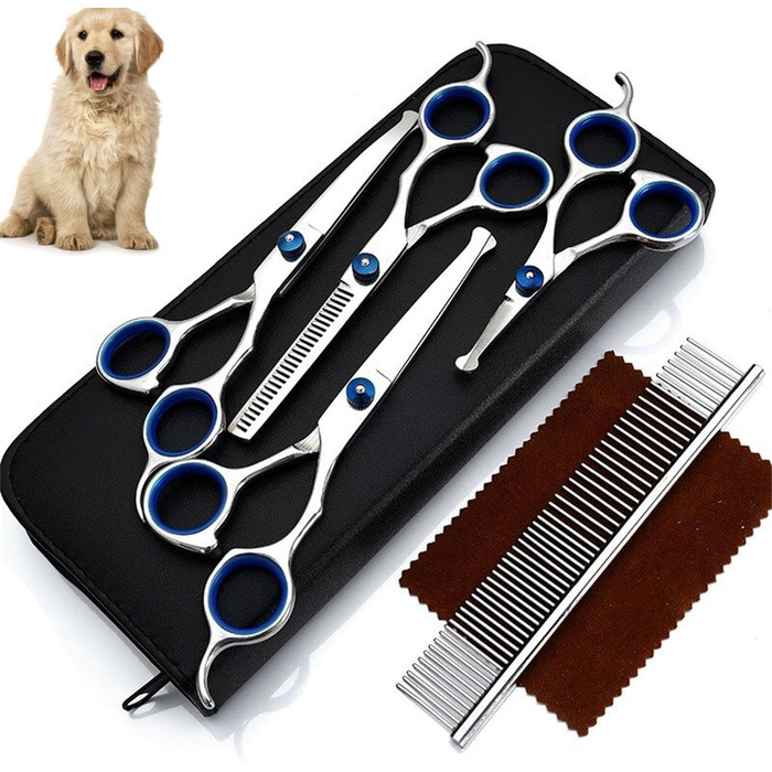 Набір професійних ножиць для собак та котів: ножиці з нержавіючої сталі, ножиці для фінальної обробки, прямі та вигнуті ножиці, гребінець для грумінгу