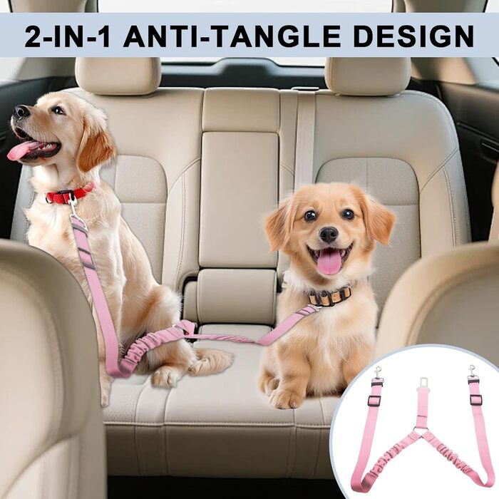 Ремінь безпеки для собак у машину, подвійний, еластичний, регульований, з амортизатором та карабіном для маленьких та середніх собак (рожевий)