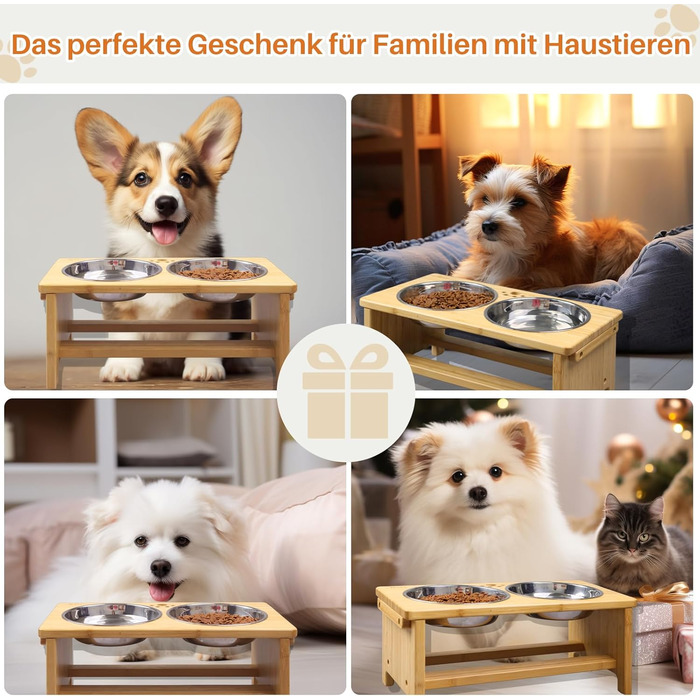 Підвищені годівниці для собак HTB, бамбук, 2 нержавіючі миски, 44x24x18 см, 18 см висота, для собак середніх та великих порід