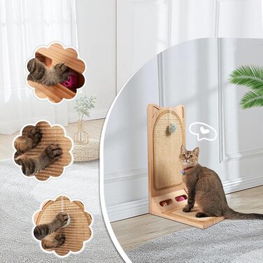 Котячий когтетоп MALOROY з масивного дерева, 58 см, L-подібний когтетоп з картону, стійкий, з іграшкою-м'ячиком, для стіни та кута