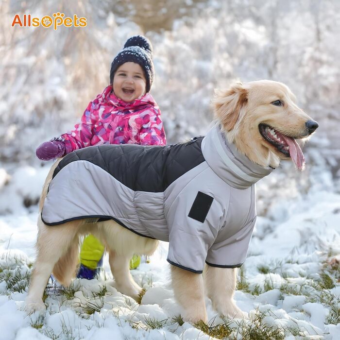 Водонепроникний дощовик для собак середніх та великих порід від ALLSOPETS, тепла зимова куртка з світловідбиваючими смугами, вбудованим шлейкою, захист від вітру для холодної погоди (Класичний чорний, 2XL)