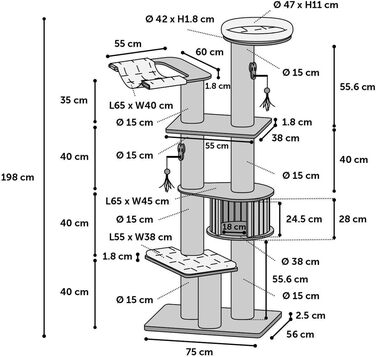 Драбина для котів Flamingo Raisa 3 – коричнево-сіра, 198 см | XXL комплекція для котів!