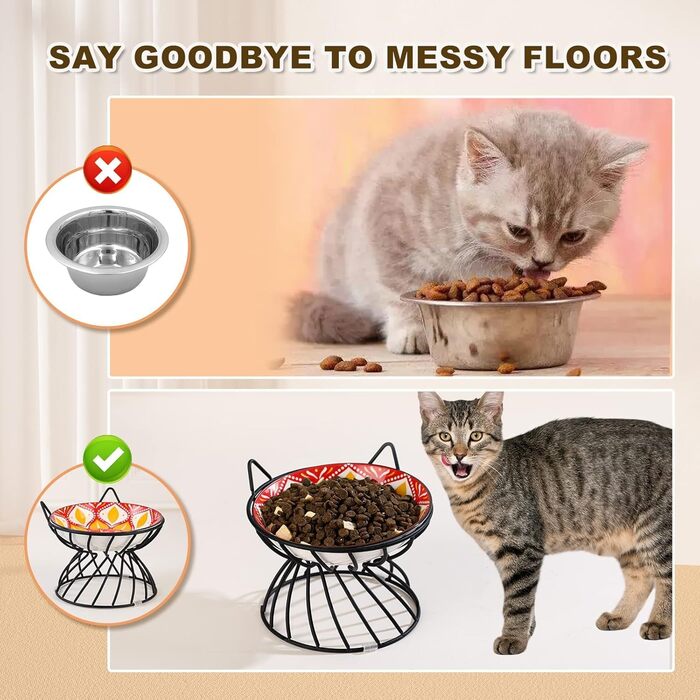 Набори мисок для котів з кераміки Katzennäpfe - 6 шт. Миски для корму для котів у яскравому стилі, широкі, плоскі, зручні для вусів - підходять для мікрохвильової печі та мийки - 250 мл (чорний підставник)