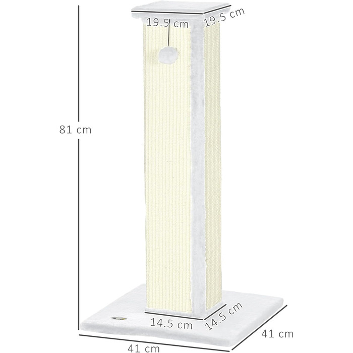 Кігтеточка PawHut для котів, 81 см, з натурального сизалю, м'який плюш, кулька, білий колір, 41 x 41 x 81 см