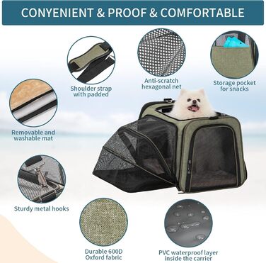 Складана переноска для котів і собак Petsfit, розширювана авіа-сумка з оксфордської тканини, з плечовим ременем, зелена, середній розмір, для подорожей