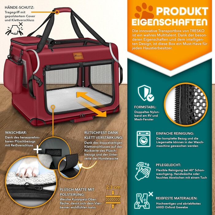 Трейвел-бокс для собак та котів TRESKO® S 50x34x34cm | Розкладний, з підкладкою, лопаткою та світловідбивачами | Для маленьких та великих собак | Червоний