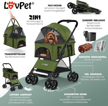 LOVPET 2-в-1 візок для собак, тварин, складний, до 20 кг, із сіткою, підстаканником, дощовиком, ковдрою, зелений