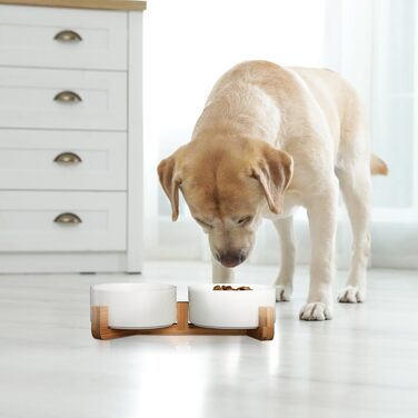 Миска для собак Relaxdays з кераміки, 850 мл, для корму та води, з бамбуковим каркасом, біла