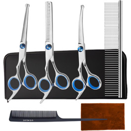 Набір професійних ножиць для собак 7 в 1 з нержавіючої сталі, з безпечними закругленими кінчиками. Включає ножиці для вирівнювання, вигнуті та прямі ножиці, гребінець для грумінгу. Підходить для собак, котів та інших тварин