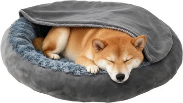 Кругла лежанка для собак та котів з капюшоном, розмір M, сіра, 60 x 60 x 19 см, м'яка, з антиковзною основою, самонагріваюча, для заспокоєння, миється