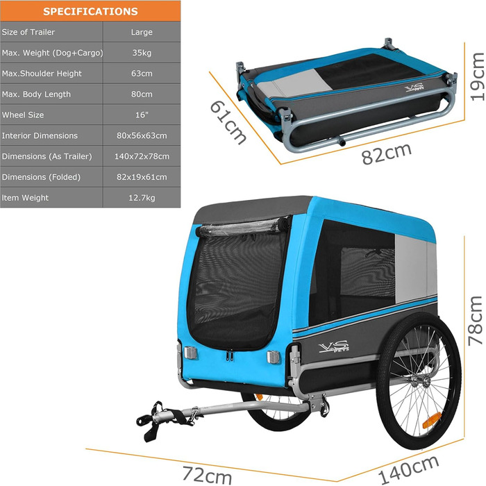 Тігго VS Pets L: Причіп для собак великого розміру, 270 л, для собак до 35 кг, складна конструкція, блакитний