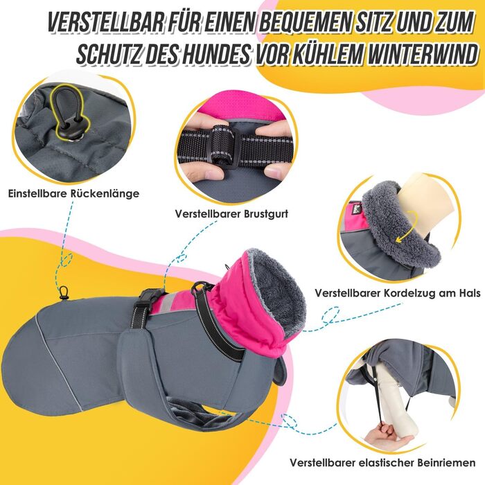 Зимовий собачий одяг SlowTon: водонепроникний, з флісовою підкладкою, з капюшоном-воротником та шнурком, для собак маленьких, середніх та великих порід, Fuchsie, XL