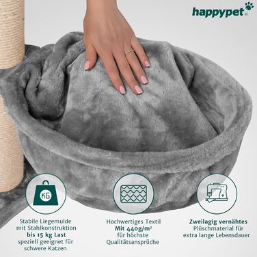 Лежанка для кота HappyPet XL на когтедрапці, Ø 40 см, сталевий каркас, плюш 440 г, до 15 кг, сіра