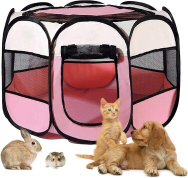 Клітка-бігове подвір'я для тварин BRIMOREA, 74x74x43 см, рожева. Підходить для собак, котів, кроликів та інших дрібних тварин, для дому та вулиці.