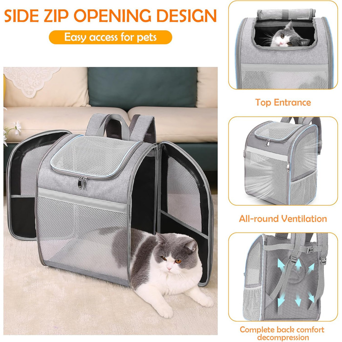 Рюкзак-переноска для собак та котів ALLSOPETS, сірий, з безпечним ременем та світловідбиваючими смугами