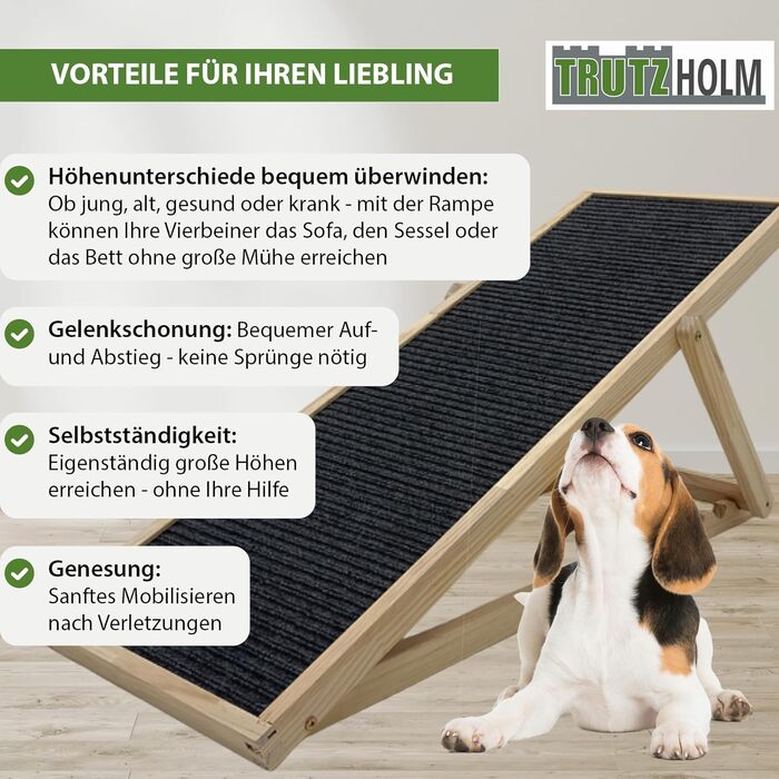 Міцна пандус для собак TRUTZHOLM з соснового дерева, 104x35 см, регульована висота 46/52/56 см, вантажопідйомність 35 кг, м'яка поверхня з фетру, для підйому домашніх тварин