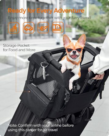 Транспортна сумка Feandrea для собак та котів, складна, чорна, розмір S (до 5,9 кг), з металевим каркасом та повідком