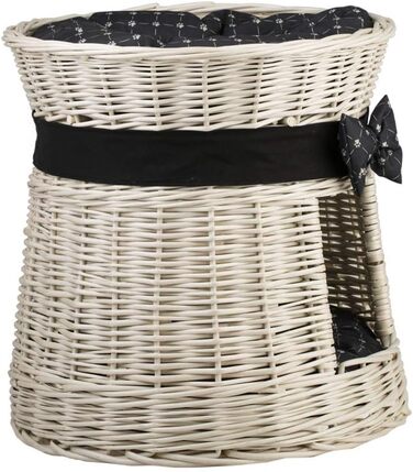 Кругла котяча хатинка e-wicker24 з плетеної лози, двоярусна, з подушкою та стрічкою, котячий оазис (кремовий/чорний)