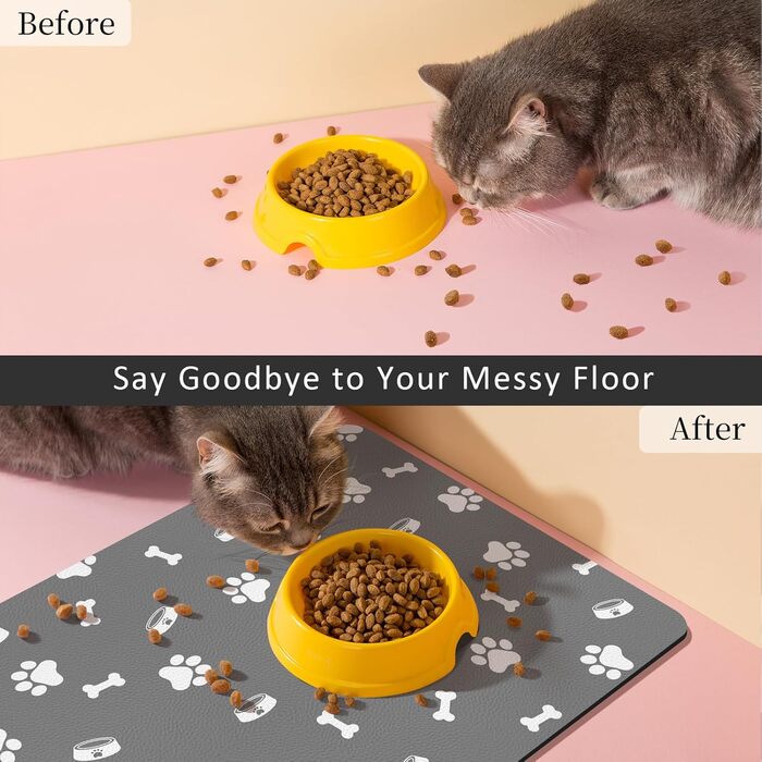 Підкладка для годівлі домашніх тварин – вбираюча підкладка під миски для їжі та води, без плям, швидковисихаюча (Світло-сіра з багатьма лапами, 40 x 60 см)