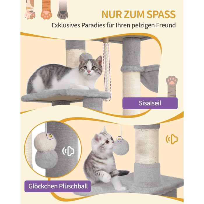 Когтедрашка для котів Hzuaneri, 149 см, з 5 когтеточками, платформами, будиночком, помпонами, сірого кольору MS14918LG