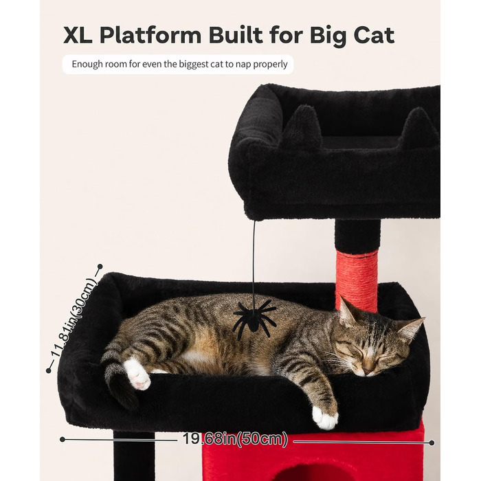 Комплекс для котів Kratzbaum XL 173 см: Дряпка-стовпчик з печерами, платформами, кошиком та іграшками (PMT02DG, Чорний+Червоний)
