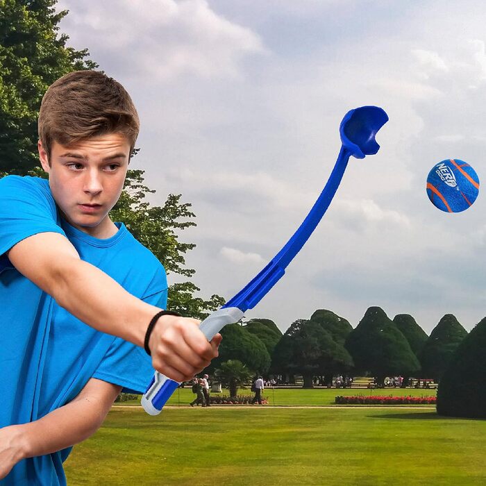 Іграшка для собак Nerf Dog Air Strike Thrower 63,5 см, прозорий, набір з 5 м'ячами 6,3 см, легкий, міцний, водостійкий, для малих, середніх і великих порід