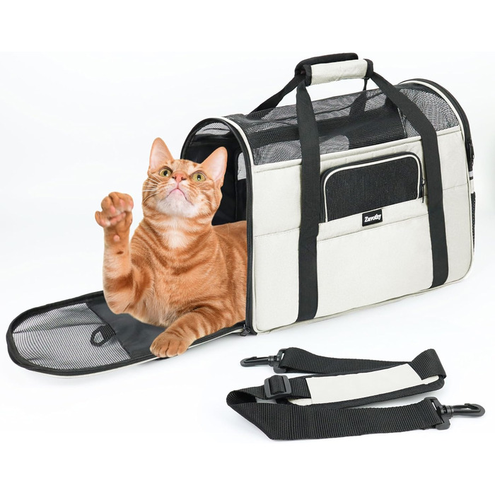 Транспортна сумка для котів та собак, дихаюча та складна, з регульованим плечовим ременем, знімний плюшевий матрац (Бежева, M)