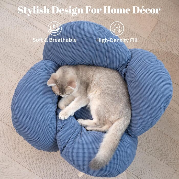 Кішка-друзі: Підвищене ліжко для котів у формі квітки, 55 см x 55 см, велике ліжко-софа для котів, стильний стільчик з еластичним м'яким подушками, меблі для котів для сну, для всіх котів (Темно-синій)