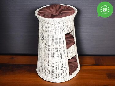 Кігтеточка-ліжко для котів: кругла хатинка з ротанга, триярусне ліжко для собак та котів, колір - білий, з коричневою подушкою