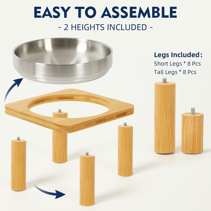 Підвищені миски для котів для дому – Підвищений підставник для мисок з бамбука з нержавіючою мискою 14 см, стільниця для зручного годування, зручні для вусів (сріблясті, 2 шт.)
