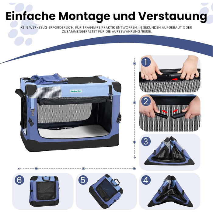 Складана переноска для собак Gardner Pet Hundebox, 66x48x48 см, з ручками та ковдрою для котів та собак до 15 кг, блакитна