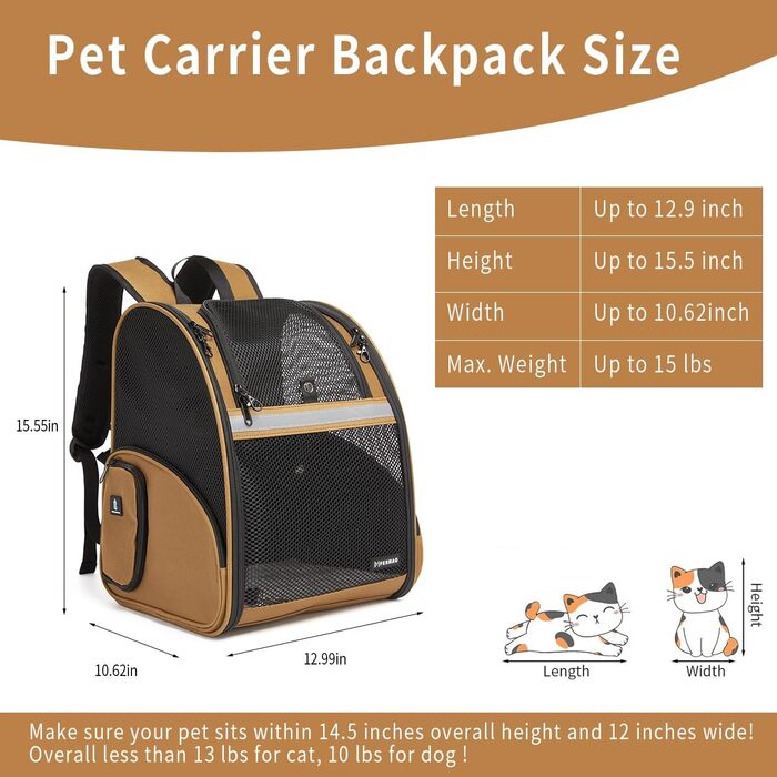 Рюкзак-переноска для собак і котів, дихаючий сітчастий рюкзак, складний, для подорожей, кемпінгу, до ветеринара, до 6,8 кг (Коричневий)