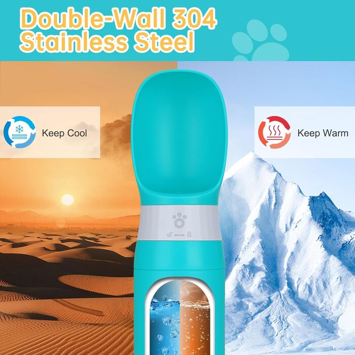 Портативна пляшка для води для собак, нержавіюча сталь, не протікає, диспенсер для води та корму для цуценят, для подорожей, прогулянок, походів та активного відпочинку