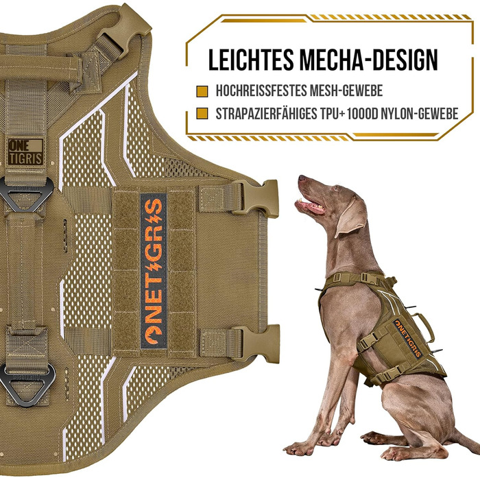 Шлея для собак OneTigris AIRE Armor, регульована, сітчаста, з 2 ручками і 3 D-кільцями, не тягне, безпечна, відбивна, дихаюча, для середніх і великих собак, коричнева, розмір L